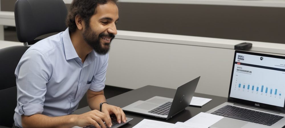 Ilustração de um servidor público estudando em um curso online de administração de empresas, com foco em gestão eficiente e inovação no setor público.