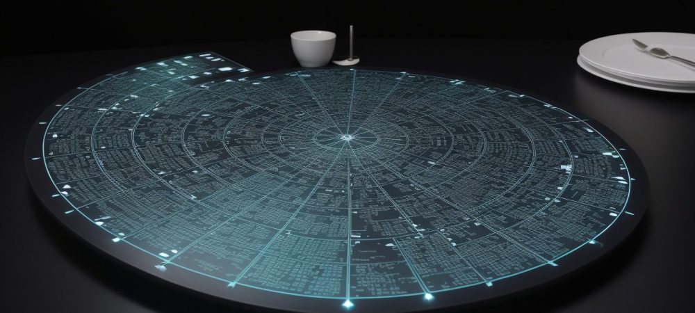 Representação visual de administração pública com profissionais trabalhando em um ambiente moderno e tecnológico, focando em eficiência e gestão de serviços.