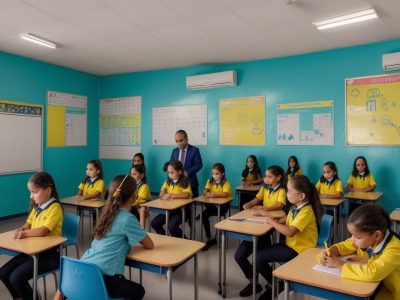 Representação visual da administração e inspeção escolar em um ambiente educativo dinâmico e moderno, mostrando a importância da gestão e avaliação.