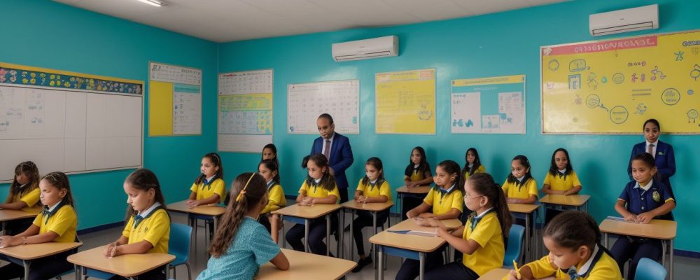 Representação visual da administração e inspeção escolar em um ambiente educativo dinâmico e moderno, mostrando a importância da gestão e avaliação.