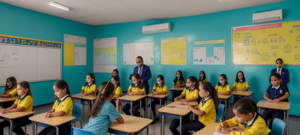 Representação visual da administração e inspeção escolar em um ambiente educativo dinâmico e moderno, mostrando a importância da gestão e avaliação.