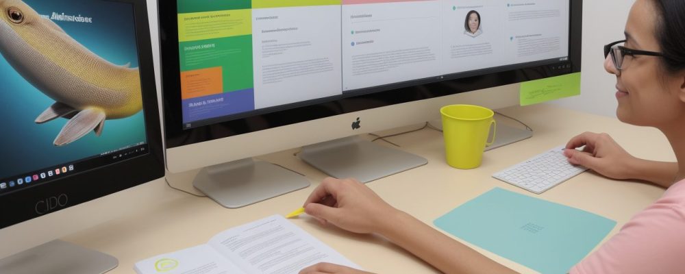 Servidor público utilizando o Adobe Fireworks em um ambiente de trabalho moderno e otimizado, aprendendo em curso online.