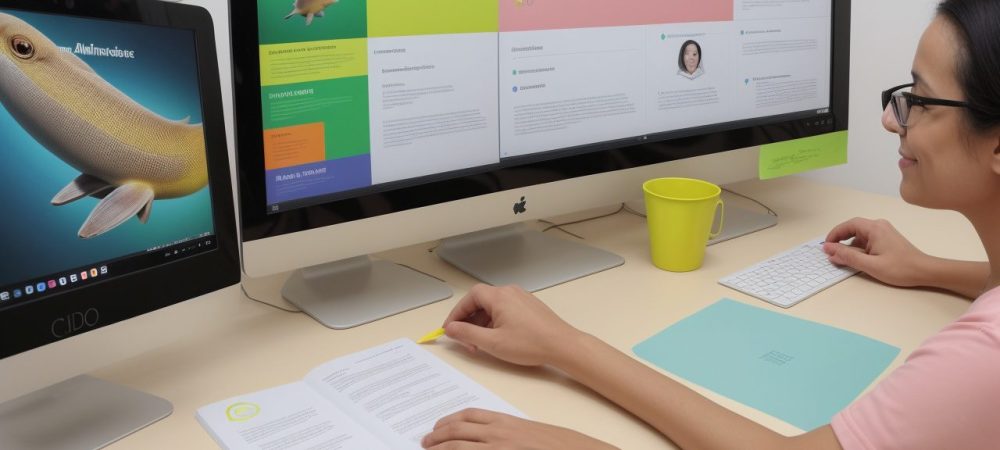 Servidor público utilizando o Adobe Fireworks em um ambiente de trabalho moderno e otimizado, aprendendo em curso online.