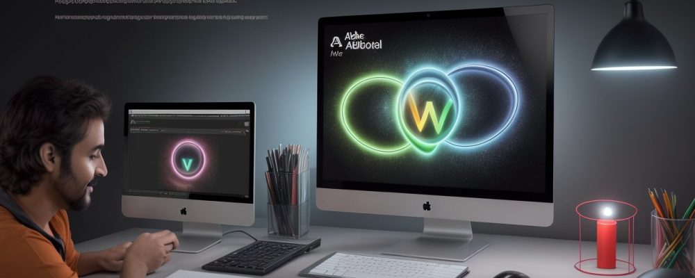 Estudante em frente ao computador, com interface do Adobe Fireworks aberta, representando o curso online para servidores públicos