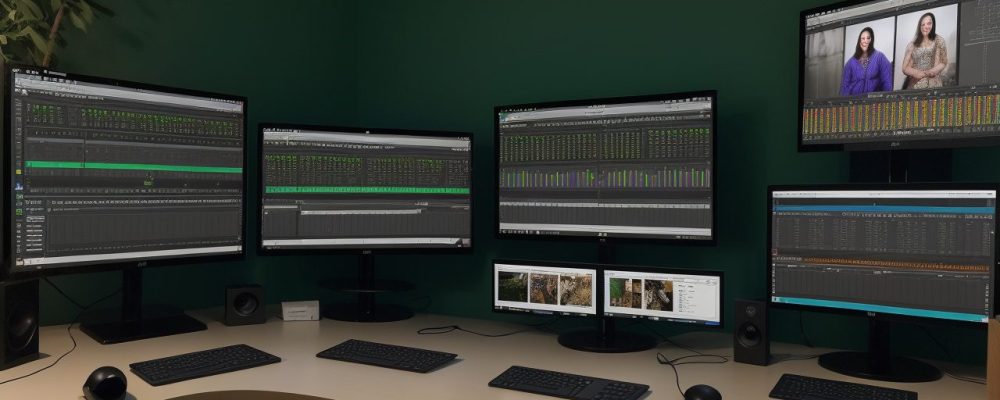 Tela de edição do Adobe Premiere mostrando uma timeline complexa com diversas faixas de áudio e vídeo, representando o poder e a versatilidade do software.