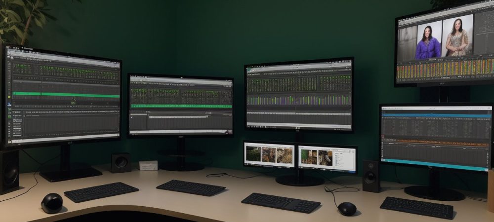Tela de edição do Adobe Premiere mostrando uma timeline complexa com diversas faixas de áudio e vídeo, representando o poder e a versatilidade do software.