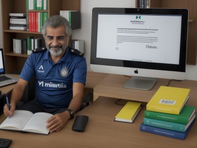 Ilustração de um agente administrativo trabalhando em um ambiente de escritório, com documentos, computador e atendimento ao público, representando as funções e o curso.