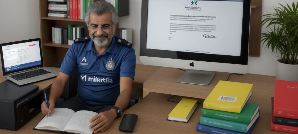 Ilustração de um agente administrativo trabalhando em um ambiente de escritório, com documentos, computador e atendimento ao público, representando as funções e o curso.