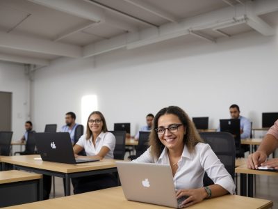 Imagem de um agente administrativo estudando em um curso online, com foco em plano de carreira e concurso público.