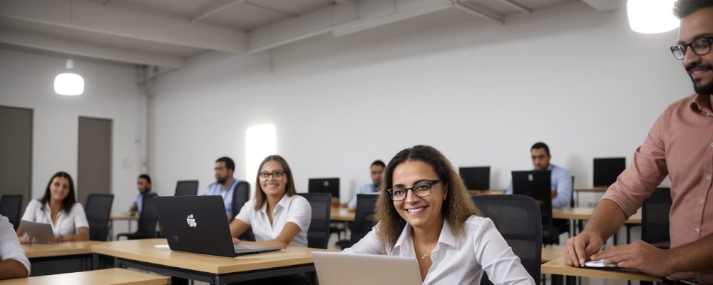 Imagem de um agente administrativo estudando em um curso online, com foco em plano de carreira e concurso público.