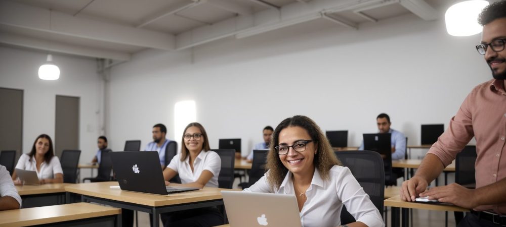 Imagem de um agente administrativo estudando em um curso online, com foco em plano de carreira e concurso público.