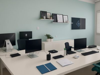 Representação de um agente administrativo em ambiente de trabalho moderno, com elementos de inovação e aprendizado