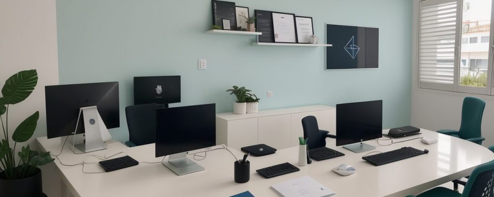 Representação de um agente administrativo em ambiente de trabalho moderno, com elementos de inovação e aprendizado