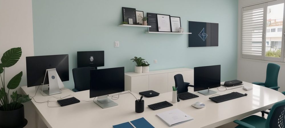 Representação de um agente administrativo em ambiente de trabalho moderno, com elementos de inovação e aprendizado