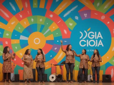 Um agente cultural interagindo com a comunidade em um evento, promovendo o curso online e o impacto cultural