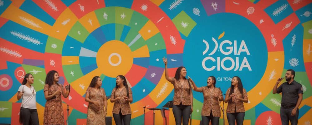 Um agente cultural interagindo com a comunidade em um evento, promovendo o curso online e o impacto cultural