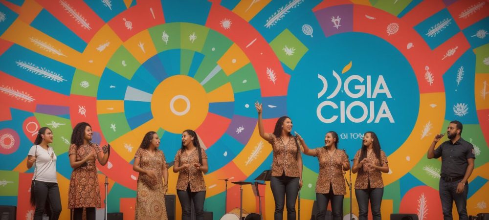 Um agente cultural interagindo com a comunidade em um evento, promovendo o curso online e o impacto cultural