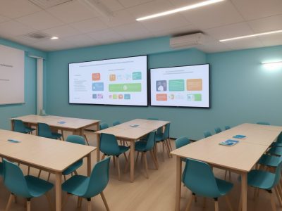 Agente de apoio escolar auxiliando alunos com necessidades especiais numa sala de aula inclusiva e acolhedora