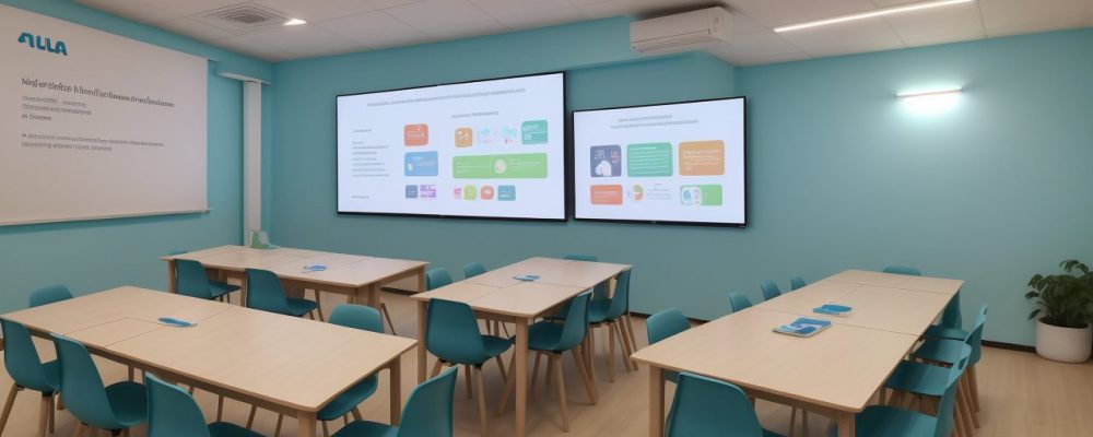 Agente de apoio escolar auxiliando alunos com necessidades especiais numa sala de aula inclusiva e acolhedora