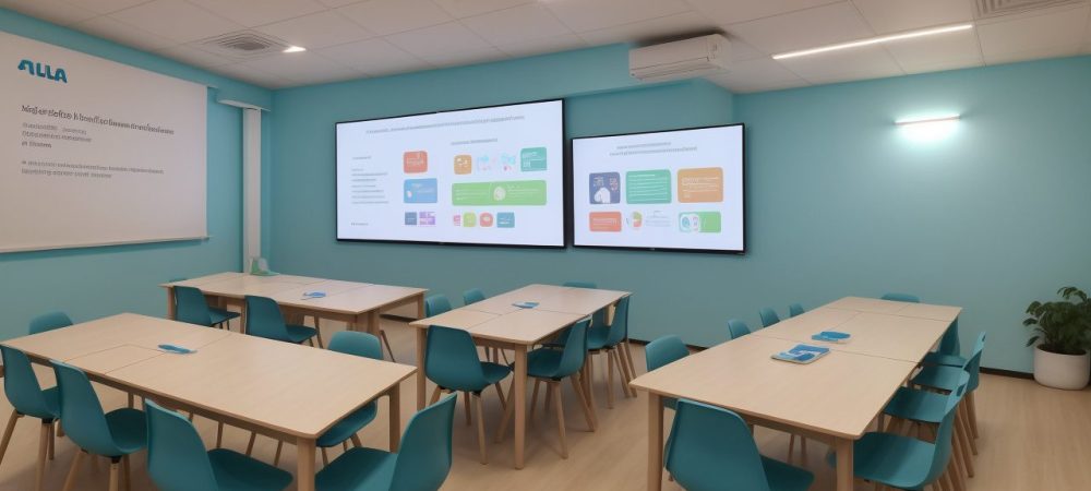 Agente de apoio escolar auxiliando alunos com necessidades especiais numa sala de aula inclusiva e acolhedora