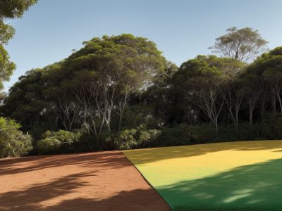 Imagem de uma plantação com máquinas agrícolas modernas, como tratores e drones, mostrando a agricultura de precisão em prática.