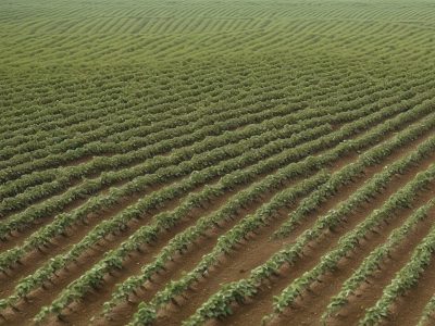 Imagem ilustrativa de técnicas e implementos agrícolas em ação, representando agricultura de precisão e sustentabilidade.