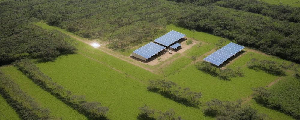 Cena de fazenda com implementos agrícolas e sistemas de irrigação, representando agricultura de precisão