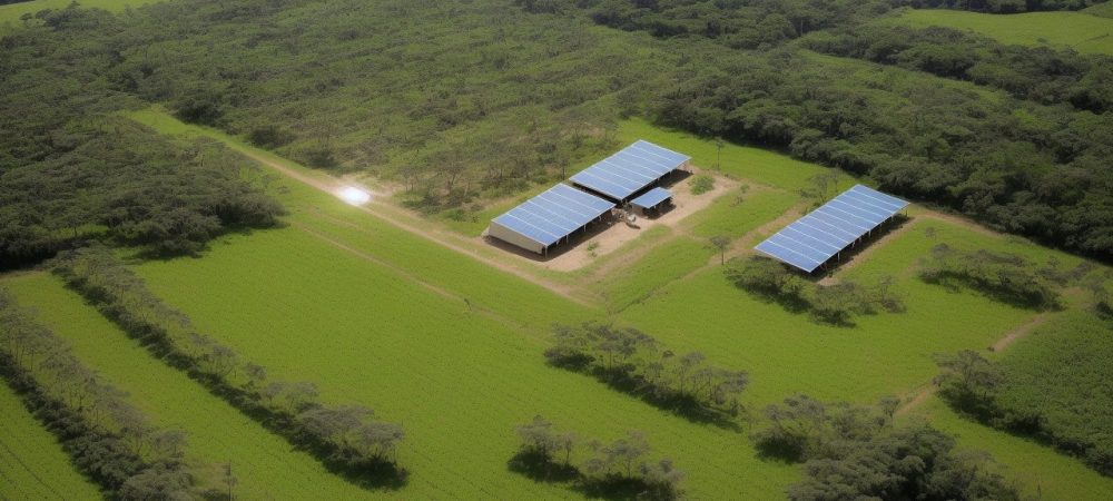 Cena de fazenda com implementos agrícolas e sistemas de irrigação, representando agricultura de precisão