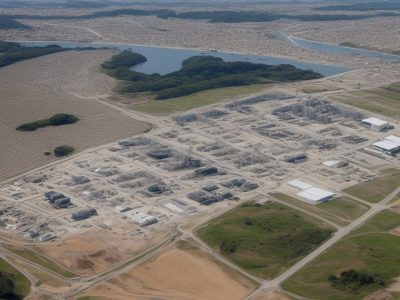 Imagem que ilustra o uso de técnicas modernas de agrimensura, com destaque para georreferenciamento e topografia em um projeto de construção.