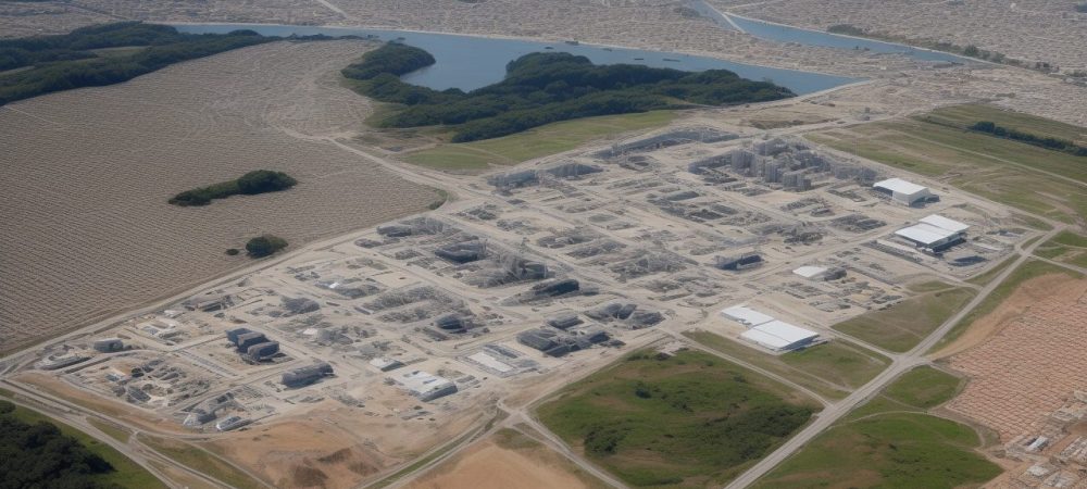 Imagem que ilustra o uso de técnicas modernas de agrimensura, com destaque para georreferenciamento e topografia em um projeto de construção.