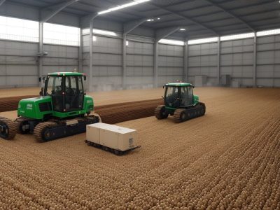 Imagem mostrando o processamento de alimentos e derivados do leite em uma agroindústria moderna e eficiente, com foco em inovação.