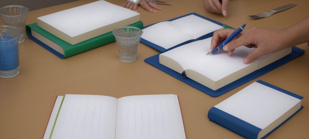 Crianças aprendendo o sistema braille em sala de aula, com livros e recursos adaptados para alfabetização inclusiva