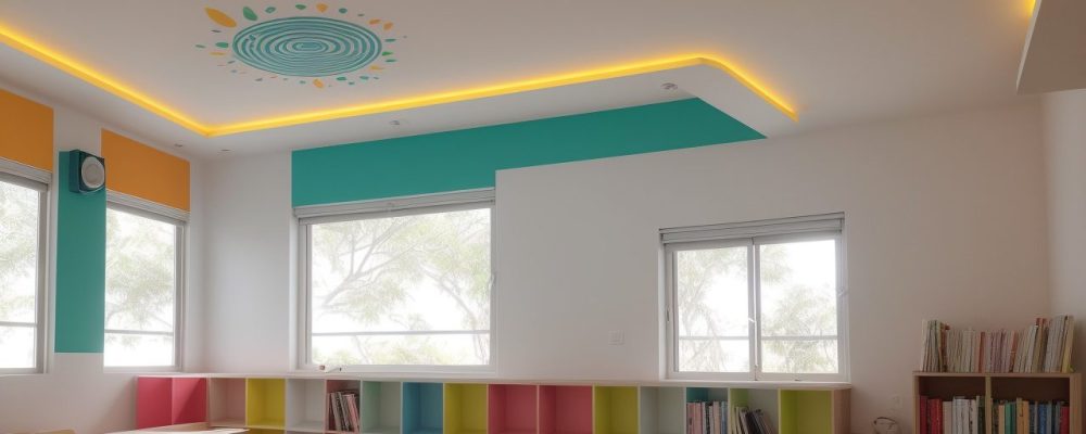 Crianças aprendendo o sistema braille em uma sala de aula inclusiva, com livros e materiais pedagógicos adaptados para deficientes visuais. Foco na alfabetização e inclusão.