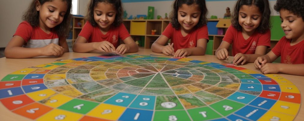 Crianças engajadas em atividades de alfabetização na prática, utilizando jogos e materiais lúdicos para aprender a ler e escrever