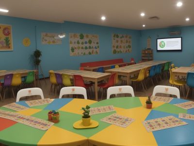 Crianças brincando com jogos e atividades de alfabetização em um ambiente educativo e acolhedor, promovendo o aprendizado.