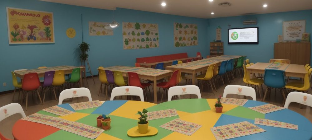 Crianças brincando com jogos e atividades de alfabetização em um ambiente educativo e acolhedor, promovendo o aprendizado.