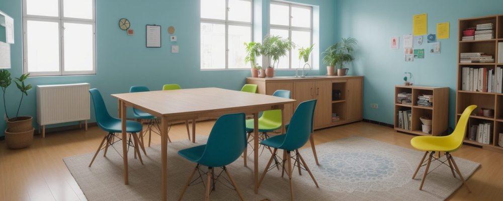 Sala de aula com educadores aplicando novas estratégias de alfabetização para adultos em ambiente colaborativo