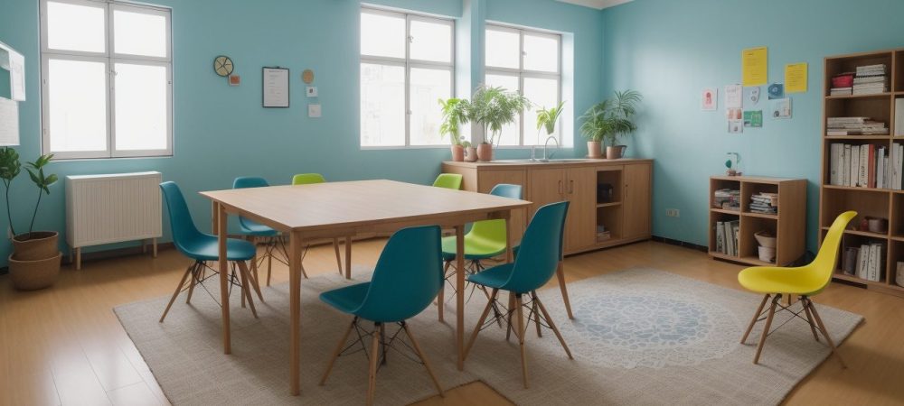 Sala de aula com educadores aplicando novas estratégias de alfabetização para adultos em ambiente colaborativo