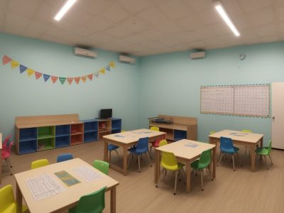 Crianças em uma sala de aula interativa, engajadas em atividades de alfabetização e letramento, com livros e materiais coloridos.