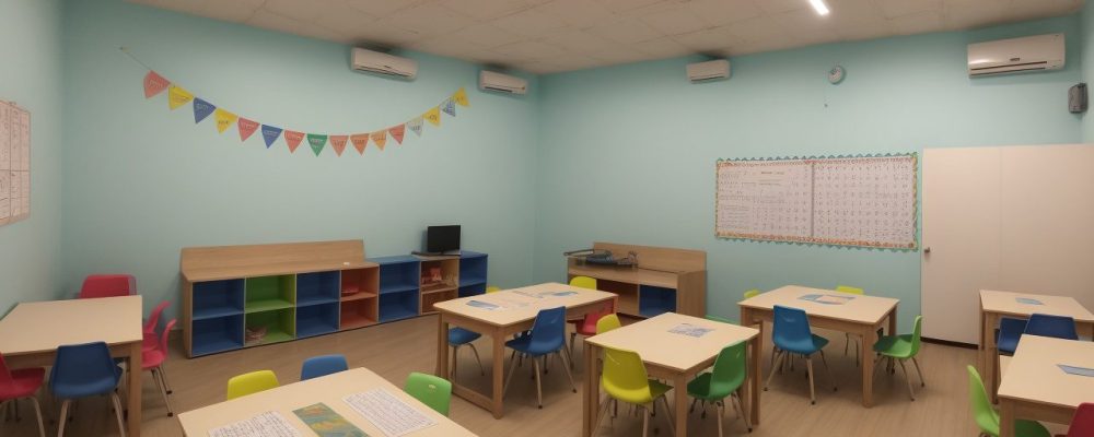 Crianças em uma sala de aula interativa, engajadas em atividades de alfabetização e letramento, com livros e materiais coloridos.