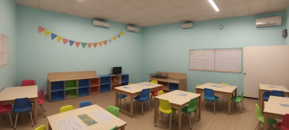 Crianças em uma sala de aula interativa, engajadas em atividades de alfabetização e letramento, com livros e materiais coloridos.