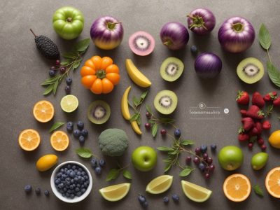 Representação de uma mesa com alimentos saudáveis e um servidor público estudando sobre alimentação alternativa em um curso online, promovendo hábitos saudáveis e bem-estar.