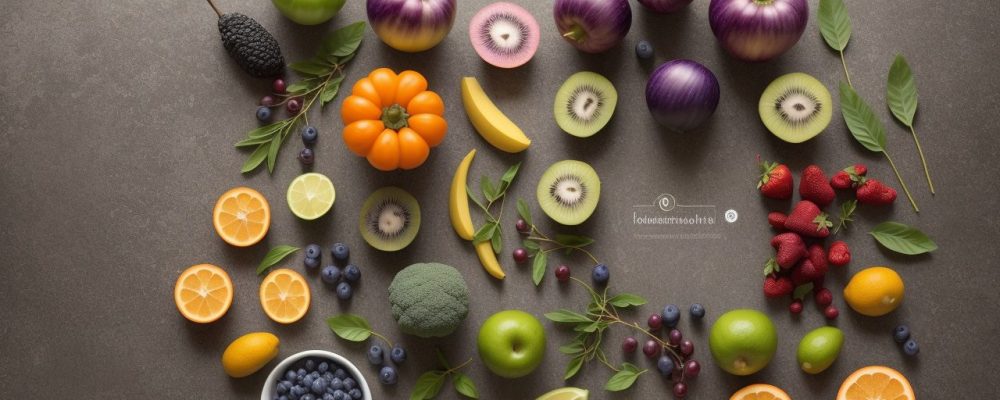 Representação de uma mesa com alimentos saudáveis e um servidor público estudando sobre alimentação alternativa em um curso online, promovendo hábitos saudáveis e bem-estar.