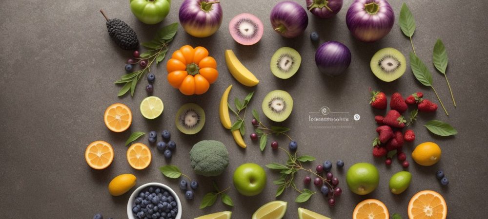 Representação de uma mesa com alimentos saudáveis e um servidor público estudando sobre alimentação alternativa em um curso online, promovendo hábitos saudáveis e bem-estar.