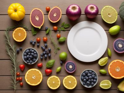 Ilustração mostrando pratos coloridos e ingredientes frescos, representando a alimentação alternativa e a importância do curso online.