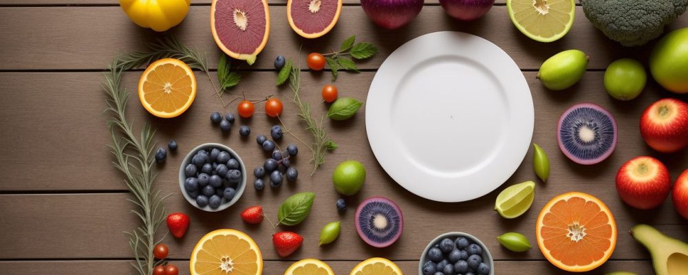 Ilustração mostrando pratos coloridos e ingredientes frescos, representando a alimentação alternativa e a importância do curso online.