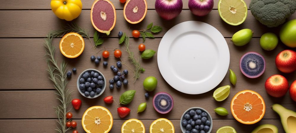 Ilustração mostrando pratos coloridos e ingredientes frescos, representando a alimentação alternativa e a importância do curso online.