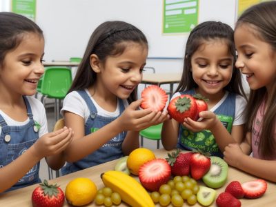 Crianças recebendo merenda escolar nutritiva, com foco no Programa Nacional de Alimentação Escolar (PNAE) e alimentação saudável na escola.