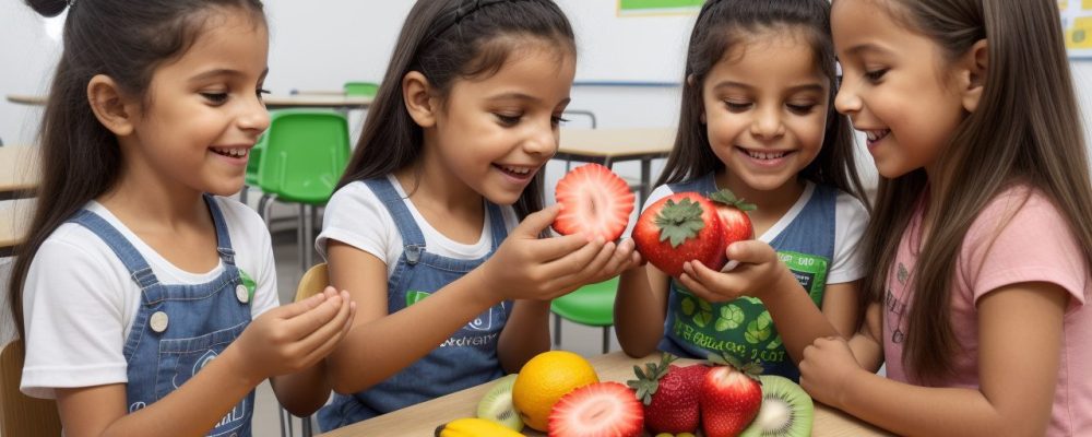 Crianças recebendo merenda escolar nutritiva, com foco no Programa Nacional de Alimentação Escolar (PNAE) e alimentação saudável na escola.