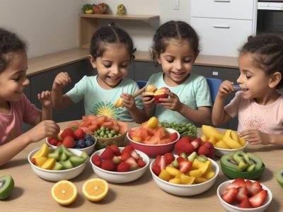Crianças felizes comendo frutas e legumes em um ambiente escolar, promovendo alimentação saudável e controle do IMC infantil.